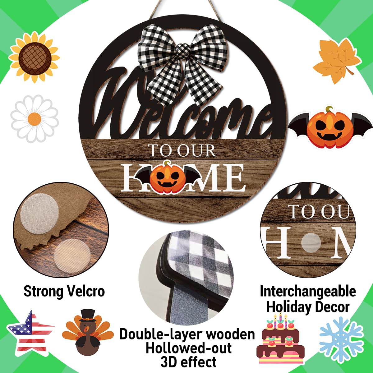 Interchangeable Seasonal Welcome to Our Home Hanging Sign - Farmhouse Front Door Decoration for Spring All Seasons Holidays - Rustic Round Wood Wreaths with 12 Icons(Brown)