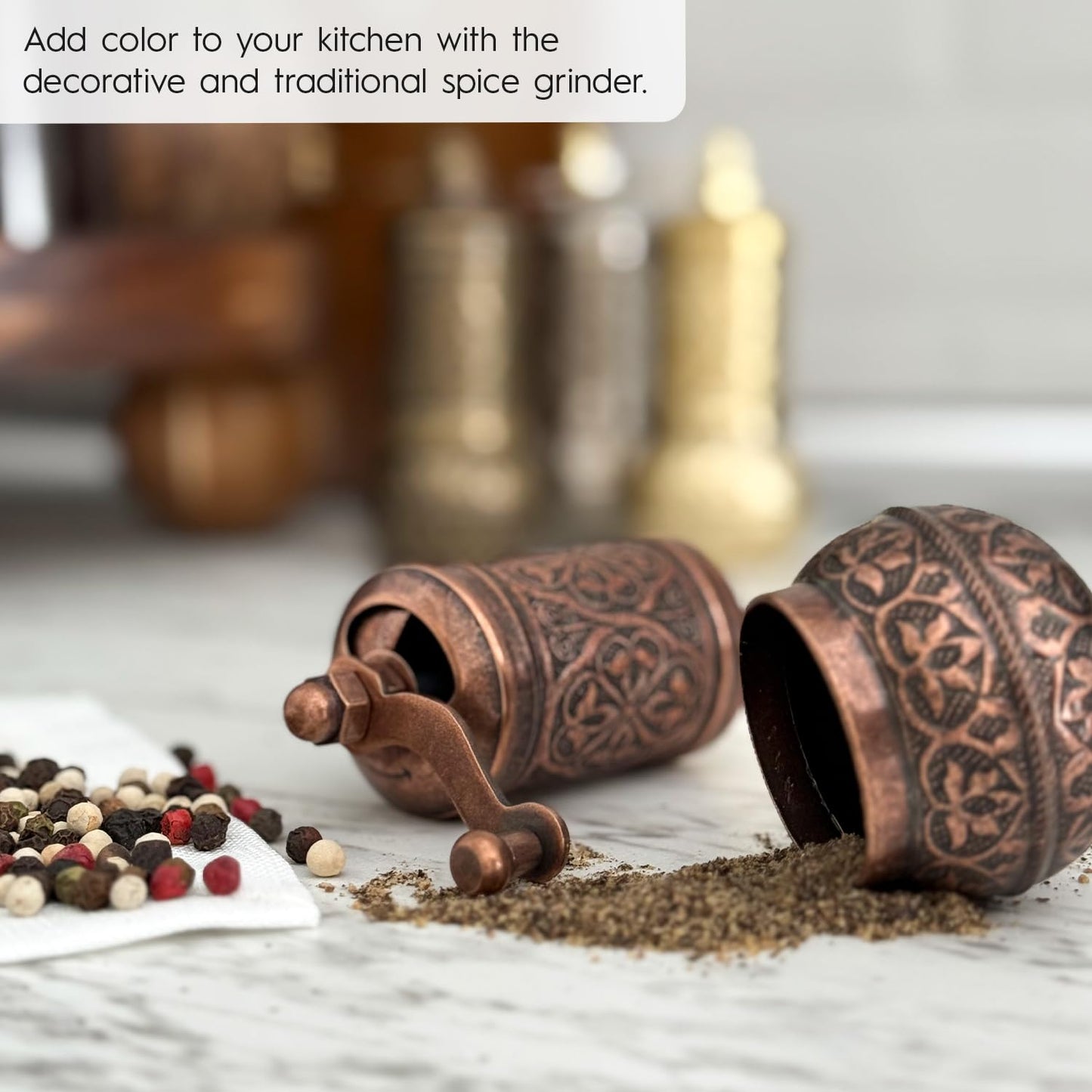 Glios Handmade Decorative Black Pepper Grinder, Refillable Turkish Spice Mill Manual Pepper Mill with Handle, Spice Grinder Metal with Hand Crank 11 cm-4.3 inch