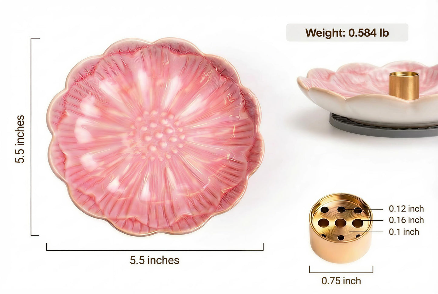 Pinehaven Pink Lotus Incense Holder – 5.5 Inch Hand-Sculpted Ceramic Tray with Ash Catcher, Brass 9-Hole Insert – for Incense Sticks, Cones, Palo Santo & Sage – Japanese Zen Home Décor for Meditation