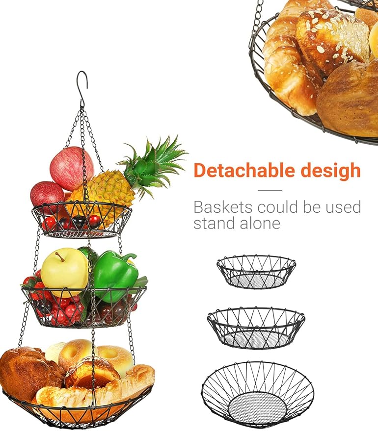3 Tier Hanging Basket with Sturdy Metal Chain Hanging Hooks Fruit and Vegetable