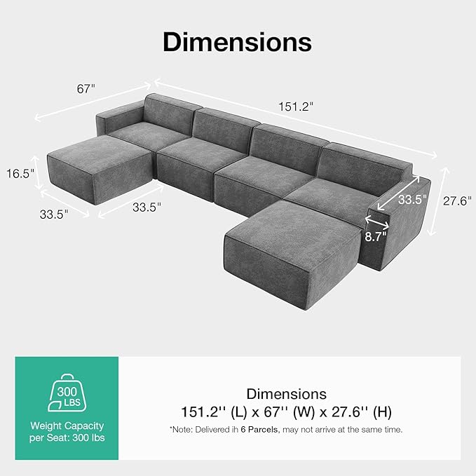 Novilla 151.2" Modular Sectional Sofa, No Assembly Cloud Sectional Couch