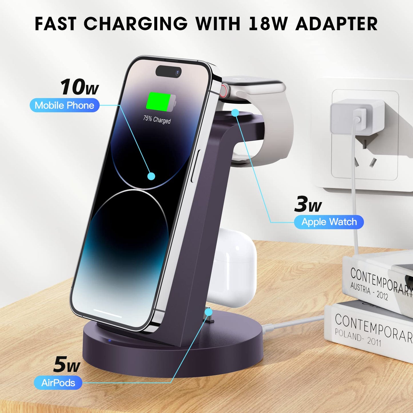 3 in 1 Charging Station for iPhone, Wireless Charger for iPhone 17 16e 16 15 14 13 12 11 X Pro Max & Apple Watch - Wireless Charging Station for AirPods 4 3 Pro