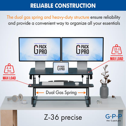G-PACK PRO 36″ Wide Standing Desk Converter – Sit-to-Stand Workstation for Dual Monitors, Height Adjustable Up to 17.3″ with Large Keyboard Tray – Black