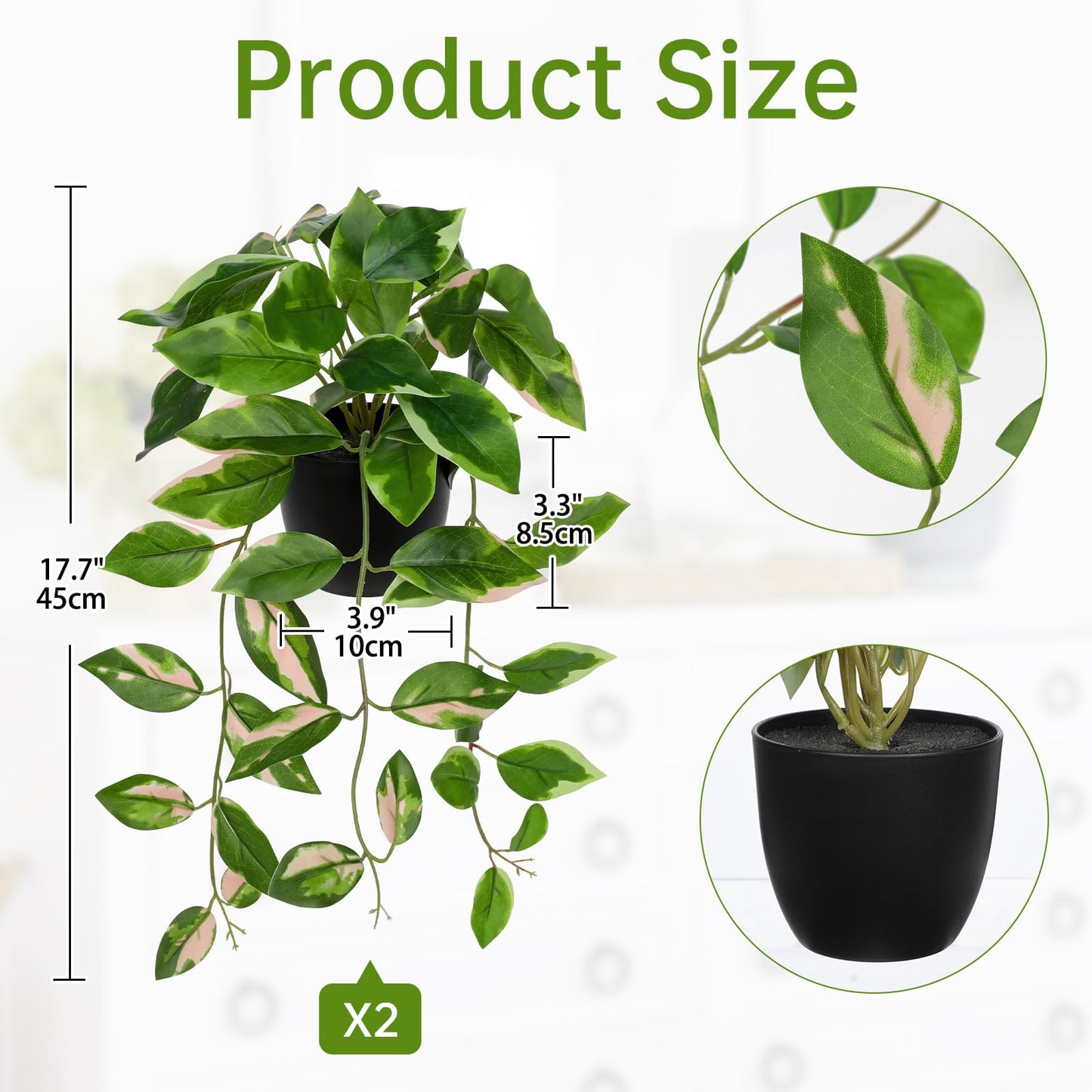 Briful Small Fake Plants Indoor (Set of 2) Realistic Faux Trailing Plant Artificial Potted Plants in Black Pot Pink N' Joy Leaf Houseplant for Living Room Table Kitchen Counter Shelf