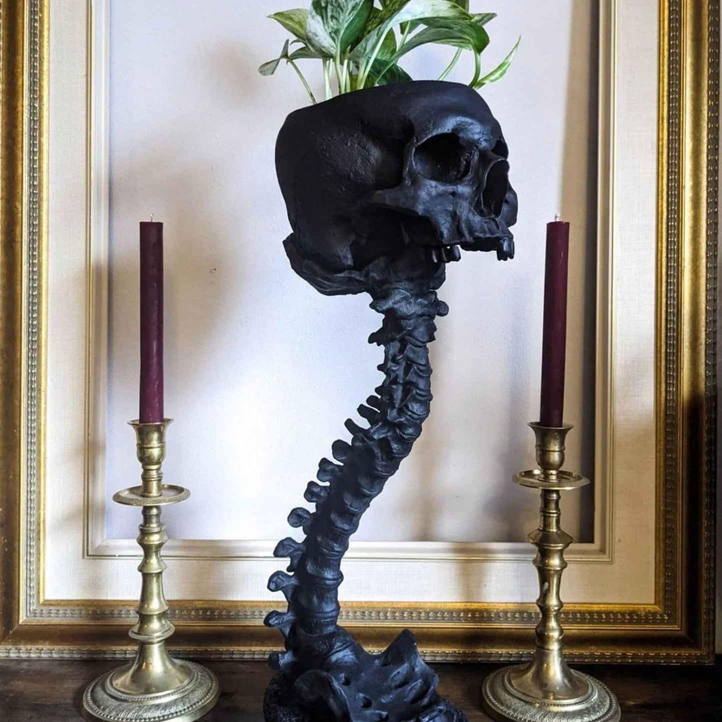 Gothic Skull Planter & Skeleton Vase - 11.6" Tall Black Skeleton Flower Pot for Indoor Plants, Spooky Goth Decor for Halloween Table Centerpiece, Gothic Gifts with Skull Decor for Bathroom & Home