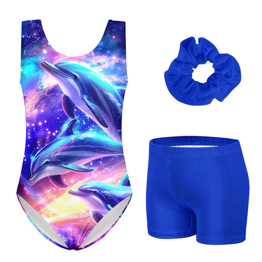 TUONROAD 3 Piece Blue Gymnastics Leotards for Kids Size 4 Girls Shiny Colorful GYM Bikatards with Cover-up Shorts for 4t 5t Child Tie-dyed Drift Ballet Dance Outfits,4 5 Years