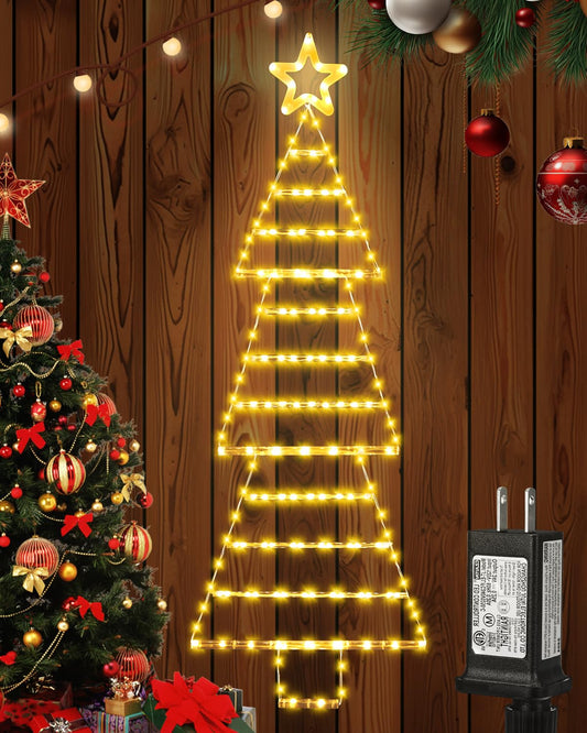(New) Christmas Lights, 4.6ft Christmas Decoration with Star Topper, Hanging Xmas Ornament with 8 Modes, Tree-Shaped Santa Ladder for Doors, Walls and Windows - Warmwhite