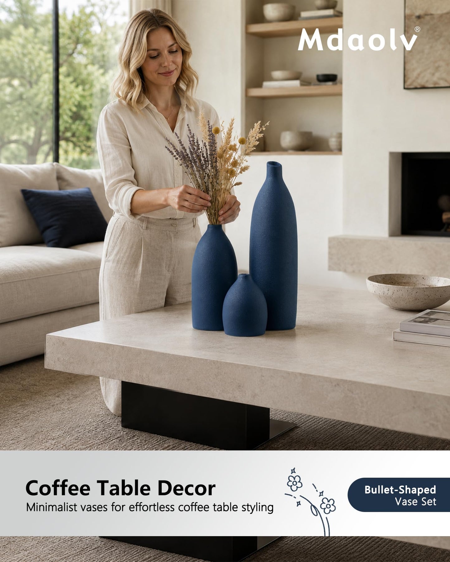 Mdaolv Matte Blue Vase Set Navy Blue Decor Coastal Decor Vases for Kitchen Island Living Room Office Table Fireplace Mantle Decorations & Bathroom Shelf Decor Centerpiece Table Decorations Ceramic