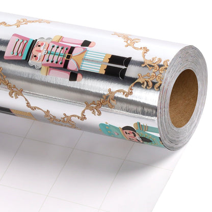 LaRibbons Christmas Foil Wrapping Paper Jumbo Roll, Nutcracker Gift Wrap for Christmas, Holiday, Xmas Party Celebration, 30 Inch × 33 Feet