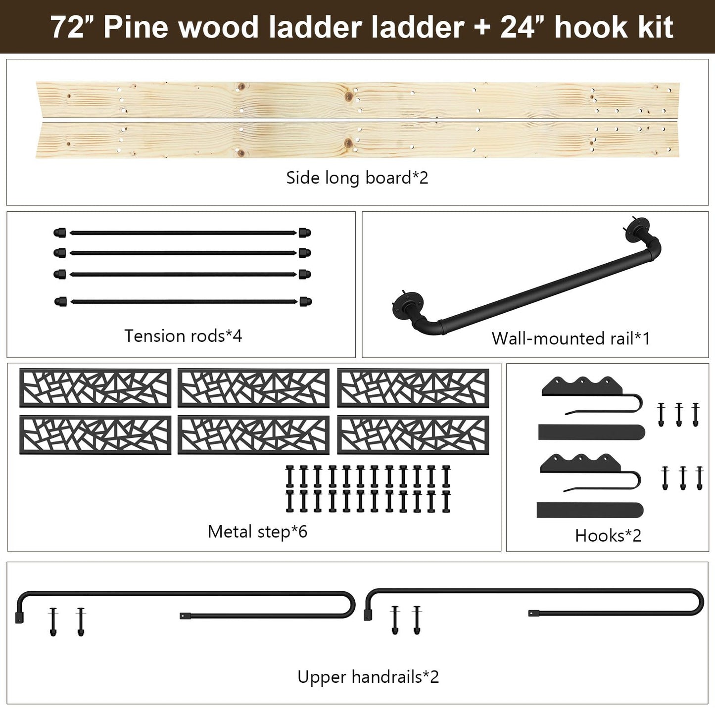 LKCBITION 72inch Knotty Pine Wood Library Ladder with Black Metal Step and Handle, Includes 24inch Rustic Black Wall Mount Pipe Railing with Hooks(Suitable Installation Height 70-5/8")