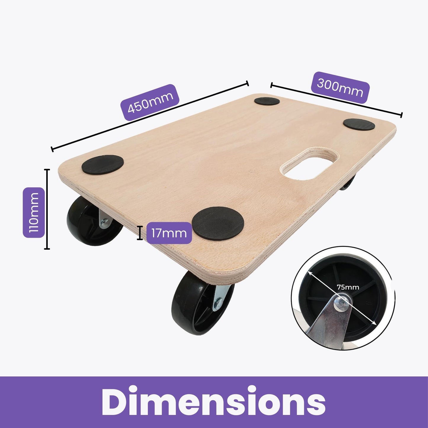 Move-It Platform Dolly With Grip Pads, Heavy-Duty Anti-Slip Transport Roller Trolley For Moving Furniture & Equipment, 180kg Load Capacity, Wooden (45 x 30cm)