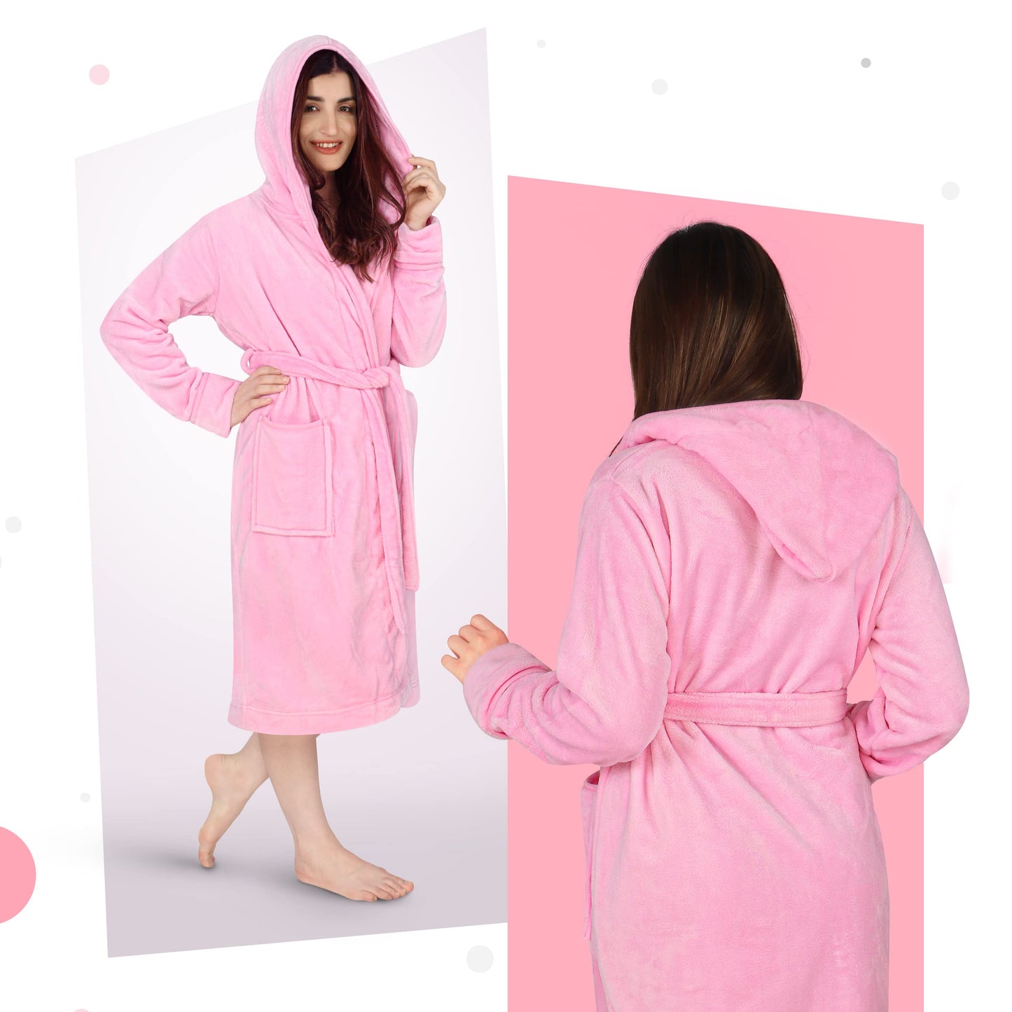 NY Threads Luxury Ladies Hooded Dressing Gown Super Soft Fleece Women's Robe Comfortable Loungewear and Nightwear, Pink, Medium