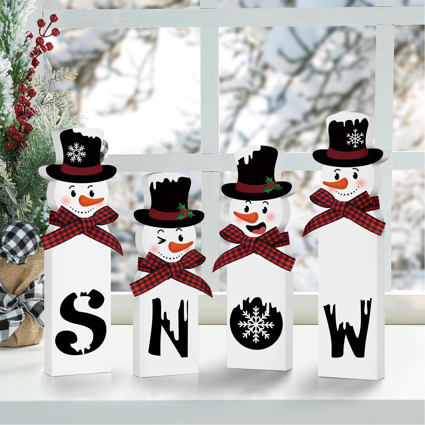 Christmas Snowman Decorations Indoor, Wooden Snowman Block Merry Christmas Sign, Let It Snow Winter Xmas Decor, Cute Xmas Tiered Tray Decorations Table Centerpiece for Mantel Home Holiday Decor