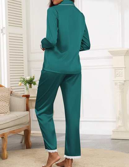 Ekouaer Satin Pajamas for Women Silk Long Sleeve Sleepwear Button Down Loungewear 2 Pieces Lace Soft Pjs Set