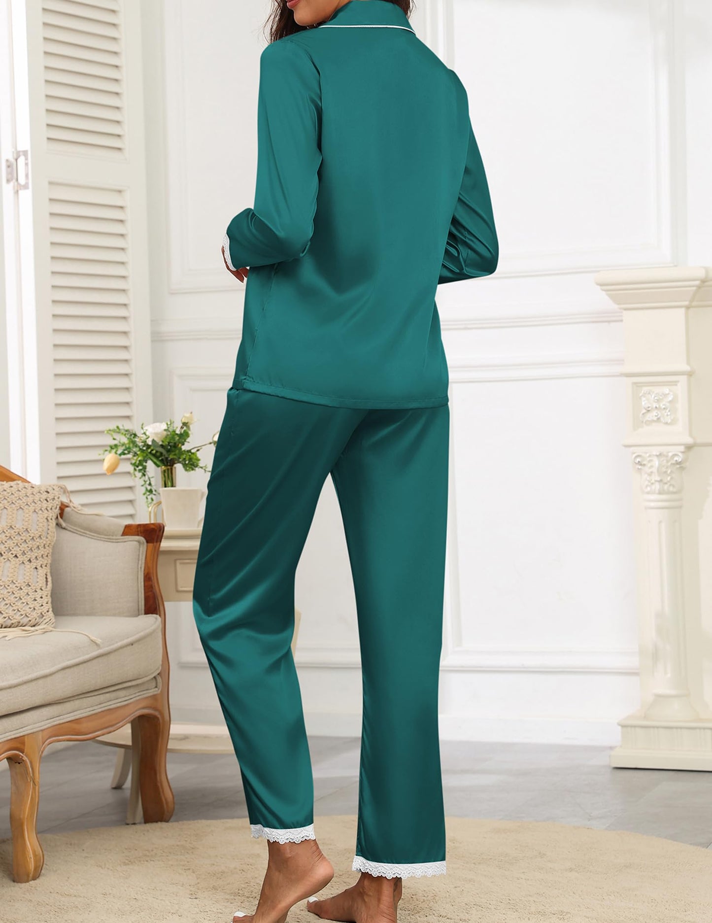 Ekouaer Satin Pajamas for Women Silk Long Sleeve Sleepwear Button Down Loungewear 2 Pieces Lace Soft Pjs Set