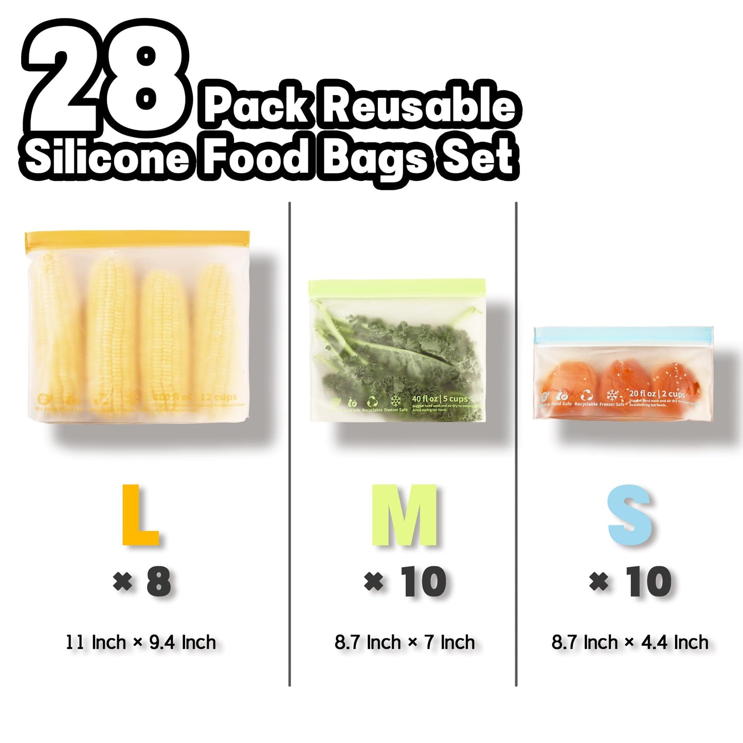 24 Pack Reusable Food Storage Bags,Leakproof Freezer Bags BPA Free Stand Up Sandwich Bags for Lunch Salad Fruit Travel,Dishwasher Safe(8 Gallon,8 Sandwich,8 Snack)