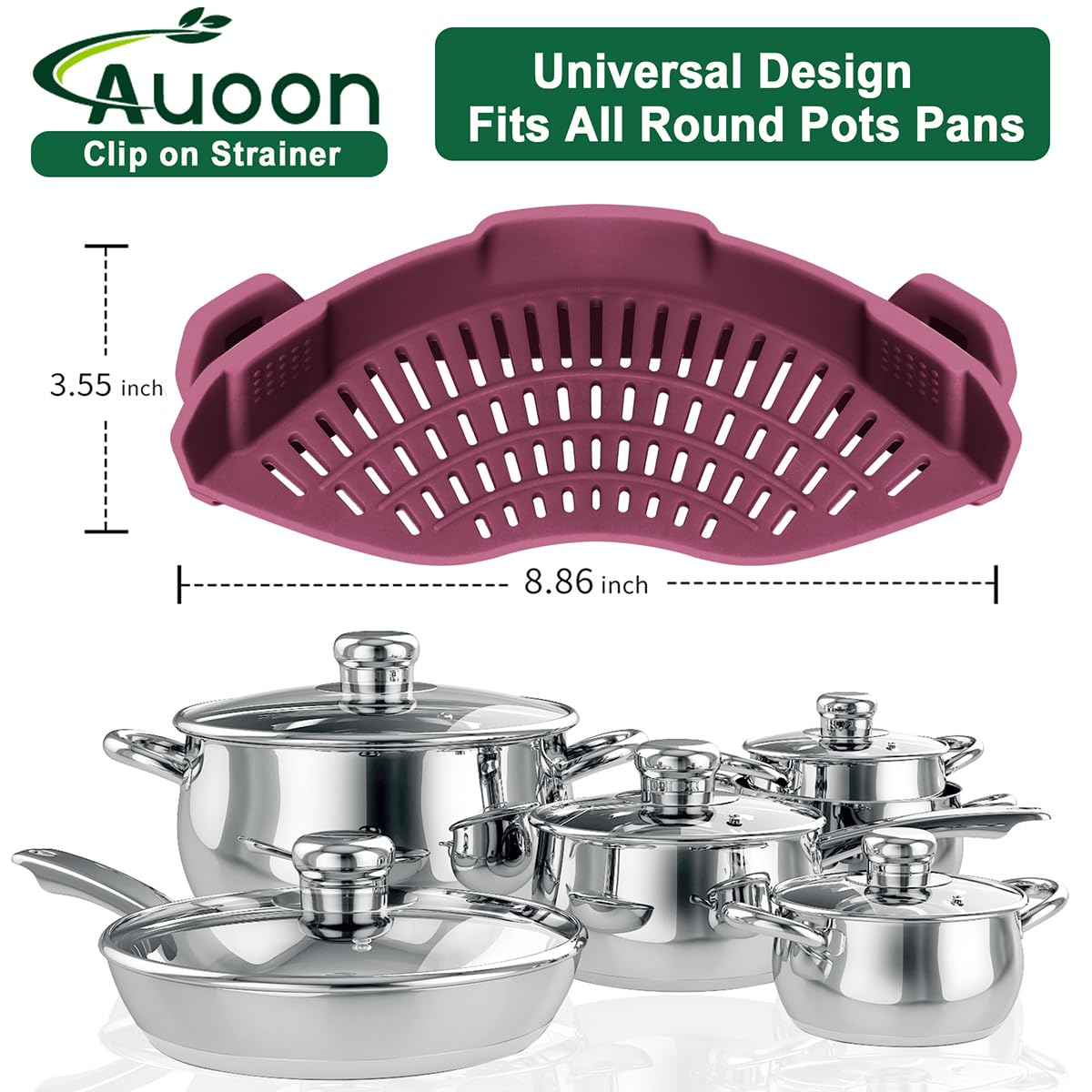 AUOON Clip On Strainer Silicone for All Pots and Pans, Pasta Strainer Clip on Food Strainer for Meat Vegetables Fruit Silicone Kitchen Colander
