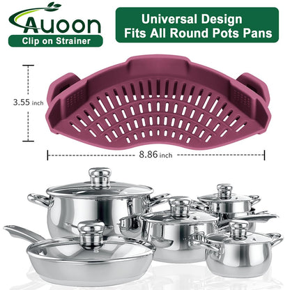 AUOON Clip On Strainer Silicone for All Pots and Pans, Pasta Strainer Clip on Food Strainer for Meat Vegetables Fruit Silicone Kitchen Colander