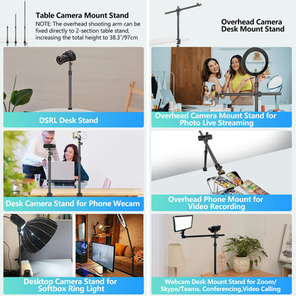 Overhead Camera Mount Desk Stand, Camera Arm Desk Mount Clamp Stand with 360°Adjustable Magic Arm, Webcam Arm Mount Stand w Ballhead Phone Mount for Desk Logitech Microphone Video Light Cell Phone