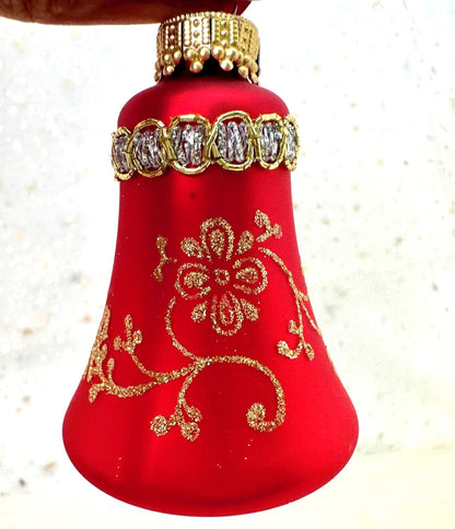 Glass Christmas Tree Ornaments - 67mm/2.625" [4 Pieces] Decorated Balls from Christmas by Krebs Seamless Hanging Holiday Decor (Red, Gold, Navy & Green 3" Bell w/Glitterlace & Braid)
