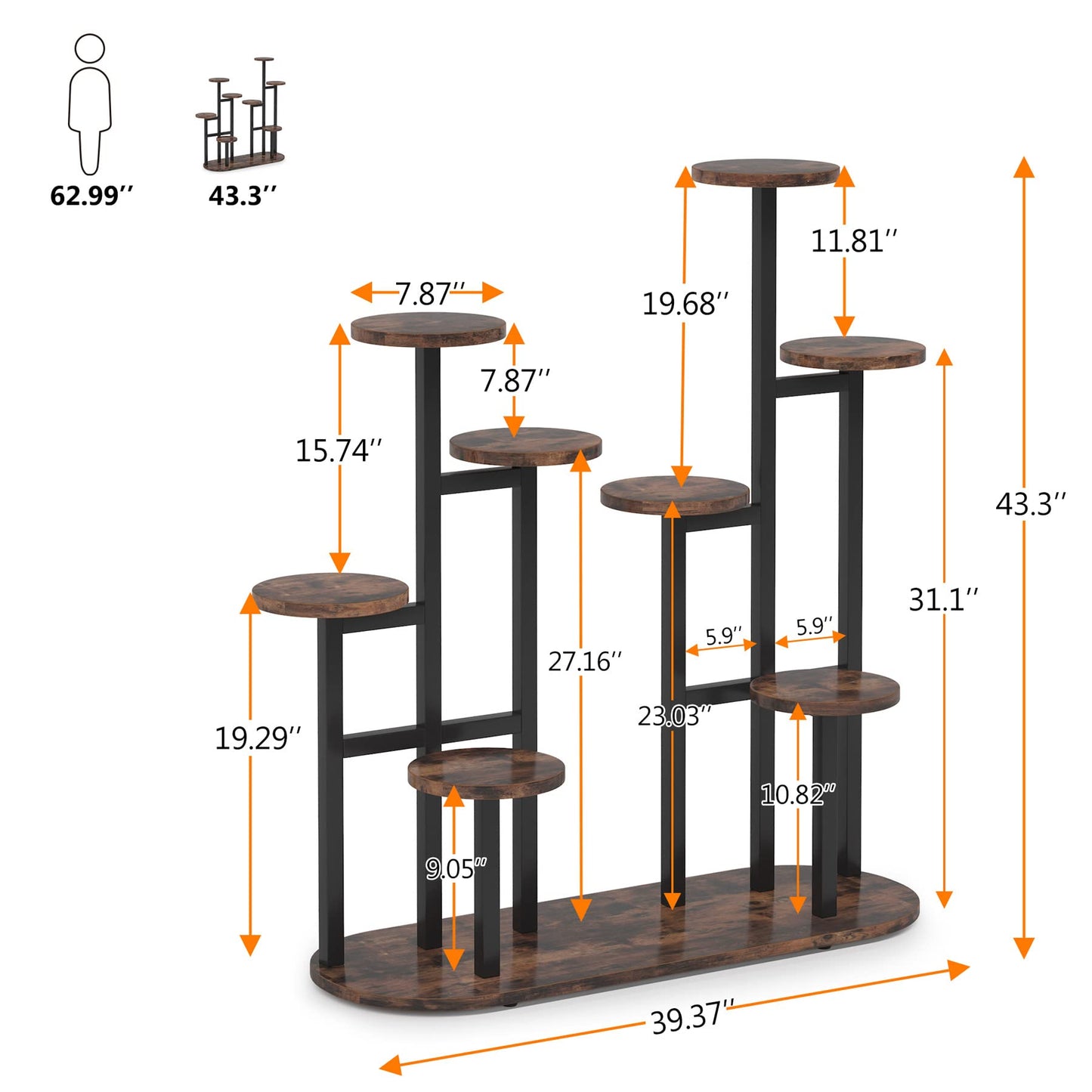 LITTLE TREE Multi-Tiered 11 Potted Plant Stand Indoor Tall Plant Shelf Flower Stands Plant Rack for Garden Balcony Living Room, Rustic Brown