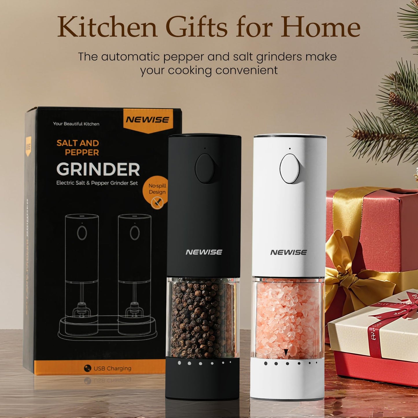 Electric Salt and Pepper Grinder Set, Adjustable Coarseness & LED Light, Rechargeable Large Capacity Stainless Steel Mill, Kitchen Appliances for Women Mom- Black/White