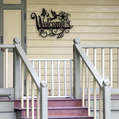OPTYBVFD Welcome Sign Flower Butterfly Metal Wall Decor - Room Decor Wall Art Home Decor for Living Room, Outdoor, Garden, Farmhouse (Black)