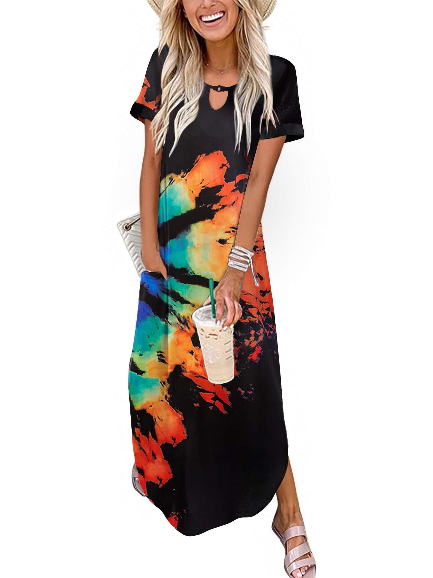 Zeagoo Womens Maxi Summer Dress with Pockets Casual Short Sleeve Sundress Trendy 2025 Curve Hem Long Dresss