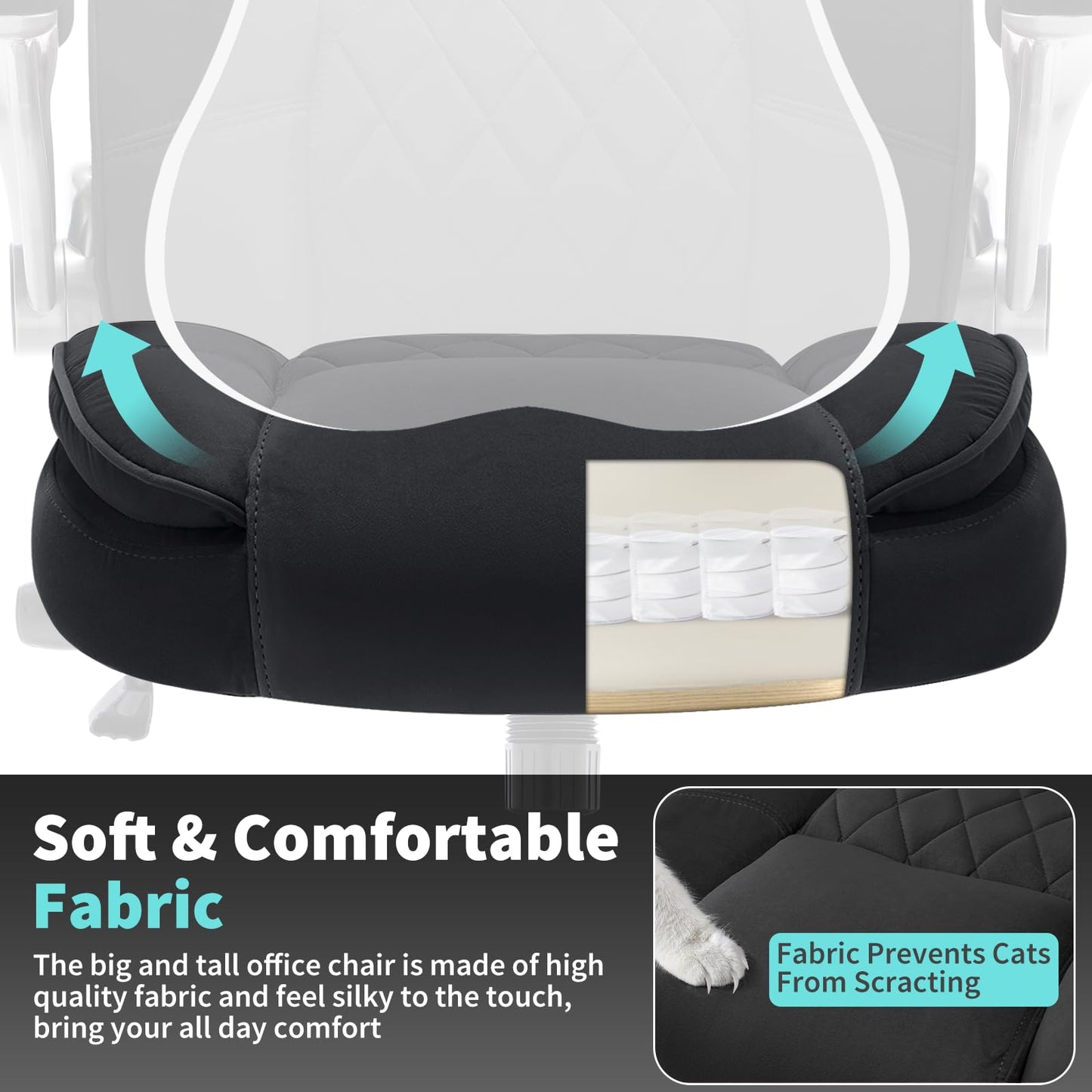 Fabric High Back Office Chair with Lockable Quiet Casters, Thick Padded Ergonomic Computer Chair- Adjustable Lumbar Support & Flip-Up Arms, Wide Executive Desk Chair for Back Pain, 400LBS Capacity