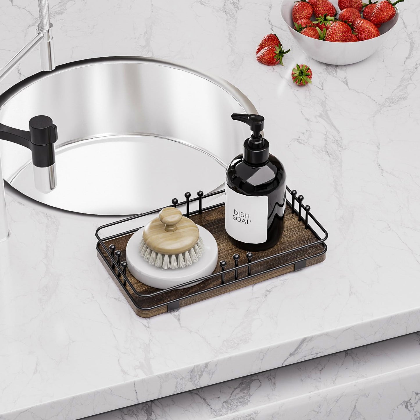 Pursura Bathroom Vanity Tray for Toiletries Makeup Perfume Candle Toilet Tank, Kitchen Tray for Soap Dispenser Spice Salt, Small Tray for Countertop Decor Coffee Nightstand 7.9”x4.4” Brown-Black