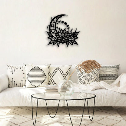 OPTYBVFD Moon Lotus Flower Metal Wall Decor - Moon Phase Room Decor Wall Art Home Decor for Living Room, Bedroom, Dining Room, Bathroom, Office (Black)