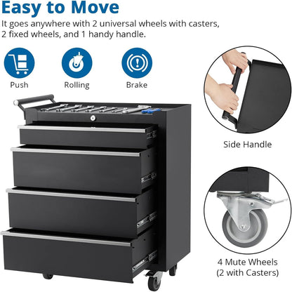 GarveeHome 4-Drawer Tool Chest, Rolling Tool Box with Wheels and Lock System, Portable Storage Rolling Tool Chest for Warehouse, Workshop & Repair Shop, Black