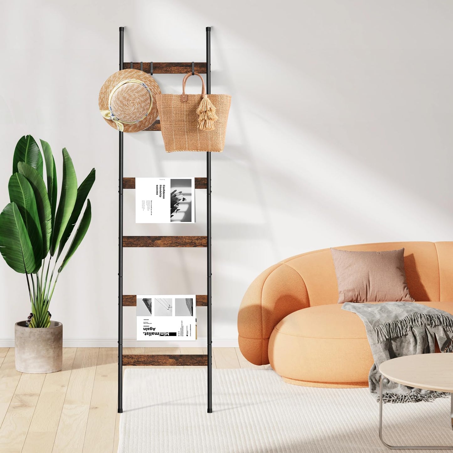 ELYKEN Blanket Ladder for Living Room, Farmhouse 6-Tier Quilt Holder with 4 Removable Hooks for Bathroom, Wood Towel Rack Display, Wall Anchor Leaning Decorative Stand for Home, Rustic Brown