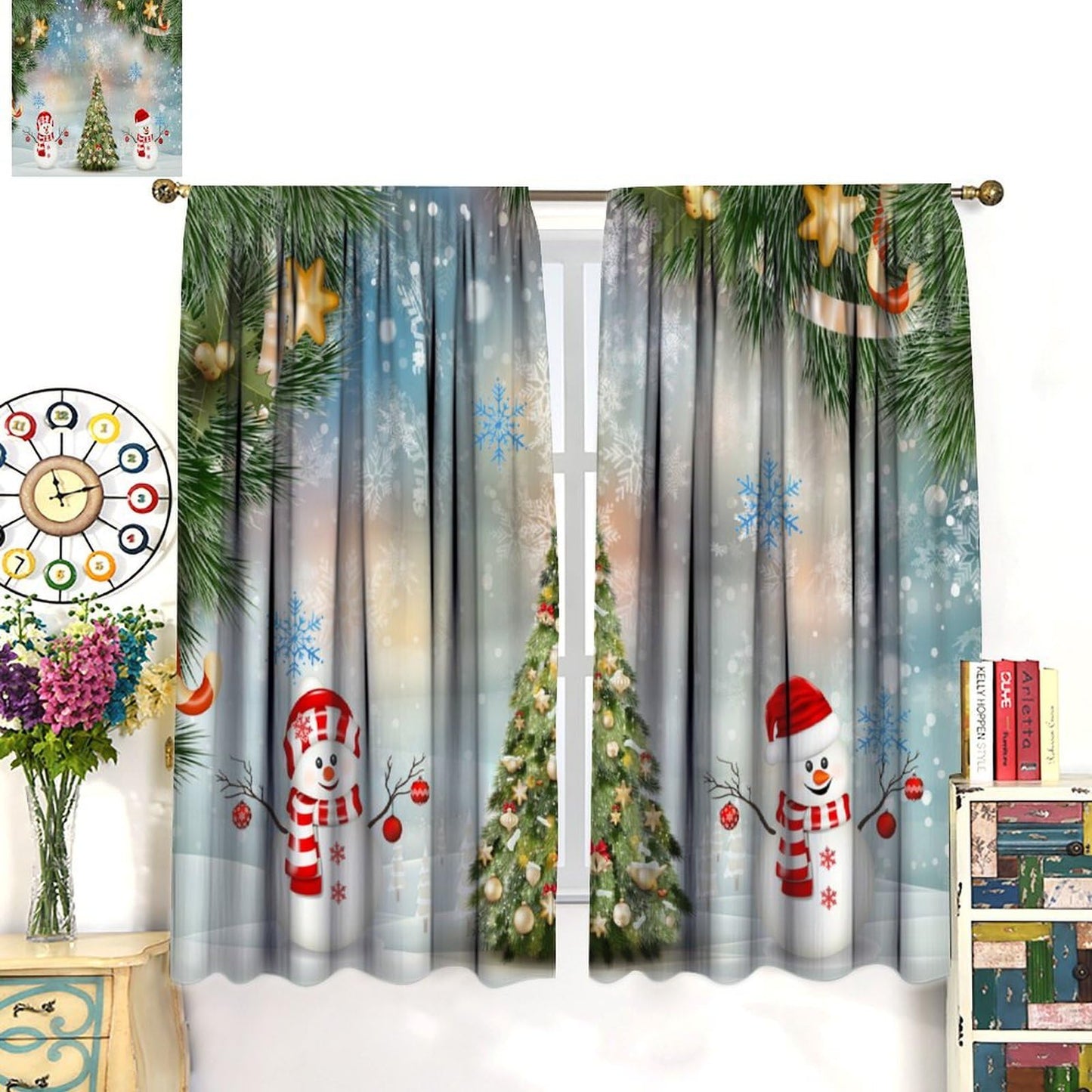 FengMingRui Christmas Curtain Christmas Happy Holidays Winter Snowflake Holiday Christmas Snowman Decor Window Treatment Bedroom Living Room Decor Window Drapes 52" W X 84" L