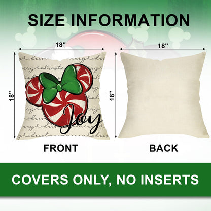 Ussap Merry Christmas Decorative Throw Pillow Covers 18 x 18 Set of 4, Xmas Candy Cane Wreath Red Green Bow Cushion Case Decor, Noel Joy Winter Holiday Farmhouse Home Sofa Couch Decoration