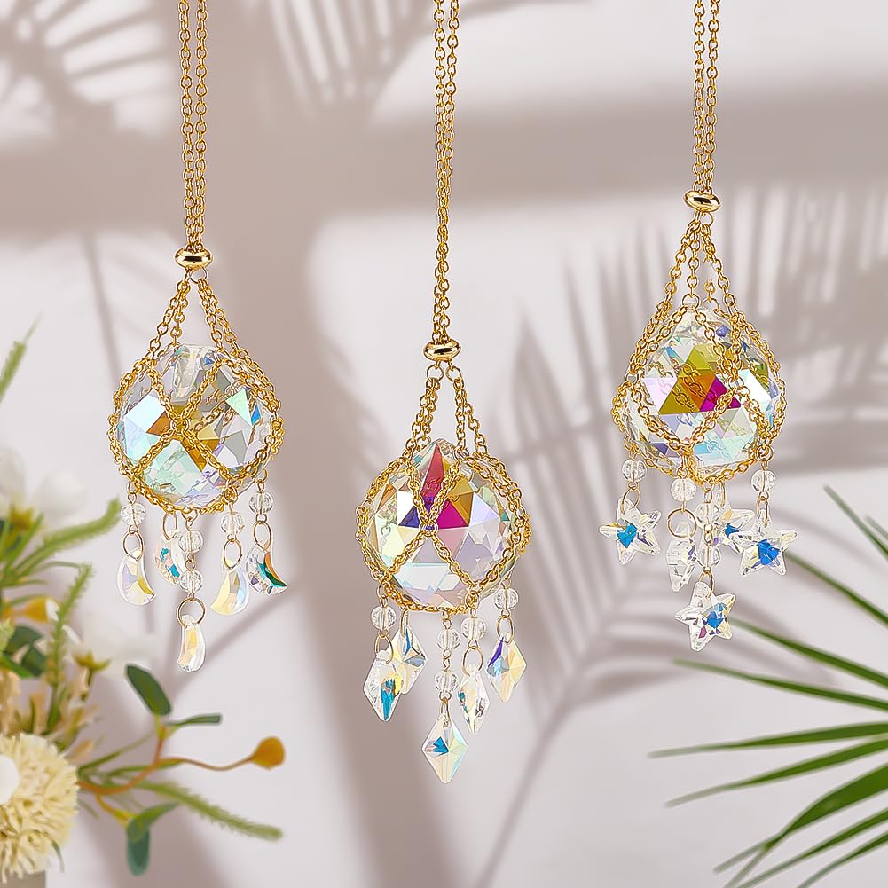 CRAFTYMELODY 3pcs Crystal Ball Prism Suncatchers Hanging Golden Rainbow Maker Window Hang Sun Catcher Pendant with Crystals Star Chain 28.8mm for Indoor Home Garden Wedding Decor DIY Crafts Jewelry