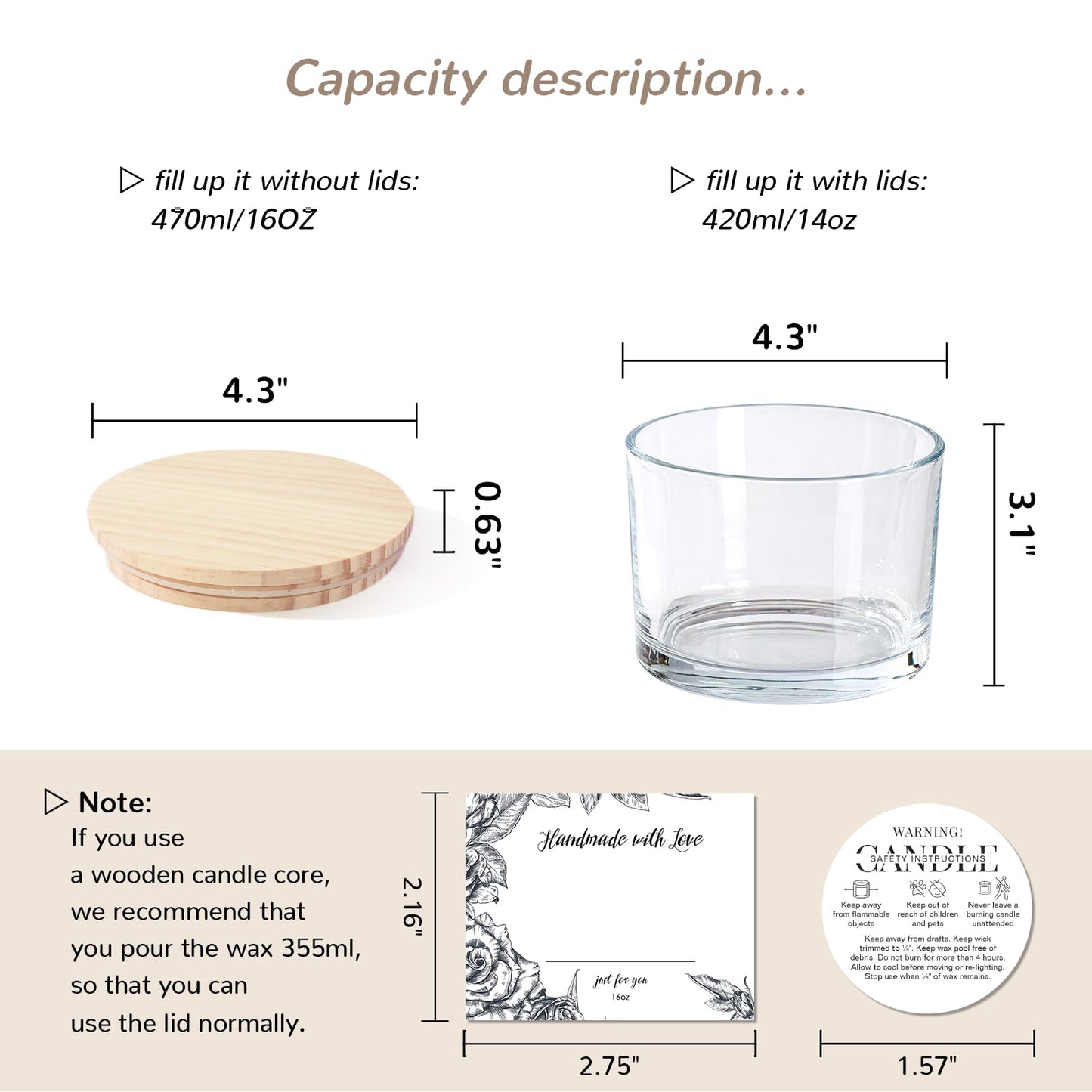 6 Pack Glass Candle Jars with Lids (16oz, Clear) - Large Candle Jars for 3 Wick Candles Making - Empty Candle Jars Containers - Candle Making Supplies Accessories include 16Pcs Candle Labels