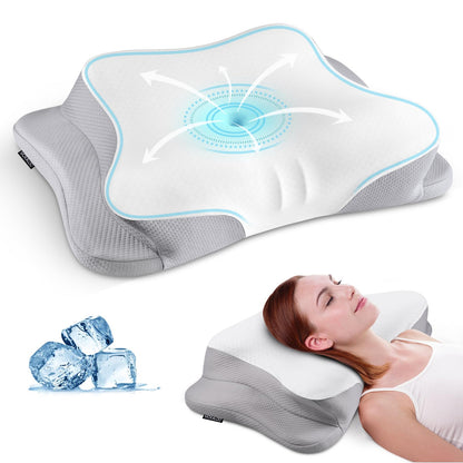 Mokaloo Cervical Neck Pillow - Neck Pillows for Pain Relief, Cooling Ergonomic Pillow for Sleeping, Orthopedic Contour Memory Foam Pillows for Side, Back & Stomach Sleepers (Grey&Grey)