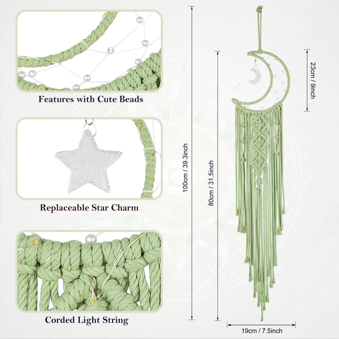 Macrame Moon Dream Catcher for Girl, Green Boho Crescent Dreamcatcher for Bedroom Adult, Handmade Nursery Room Wall Hanging with Star Pendant for Teen, Bohemian Home Decoration Idea