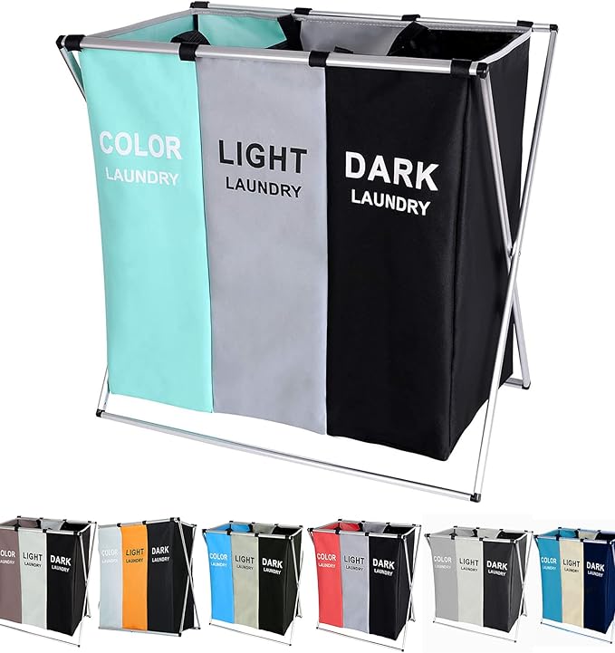 135L Laundry Cloth Hamper Sorter Basket Bin Foldable 3 Sections
