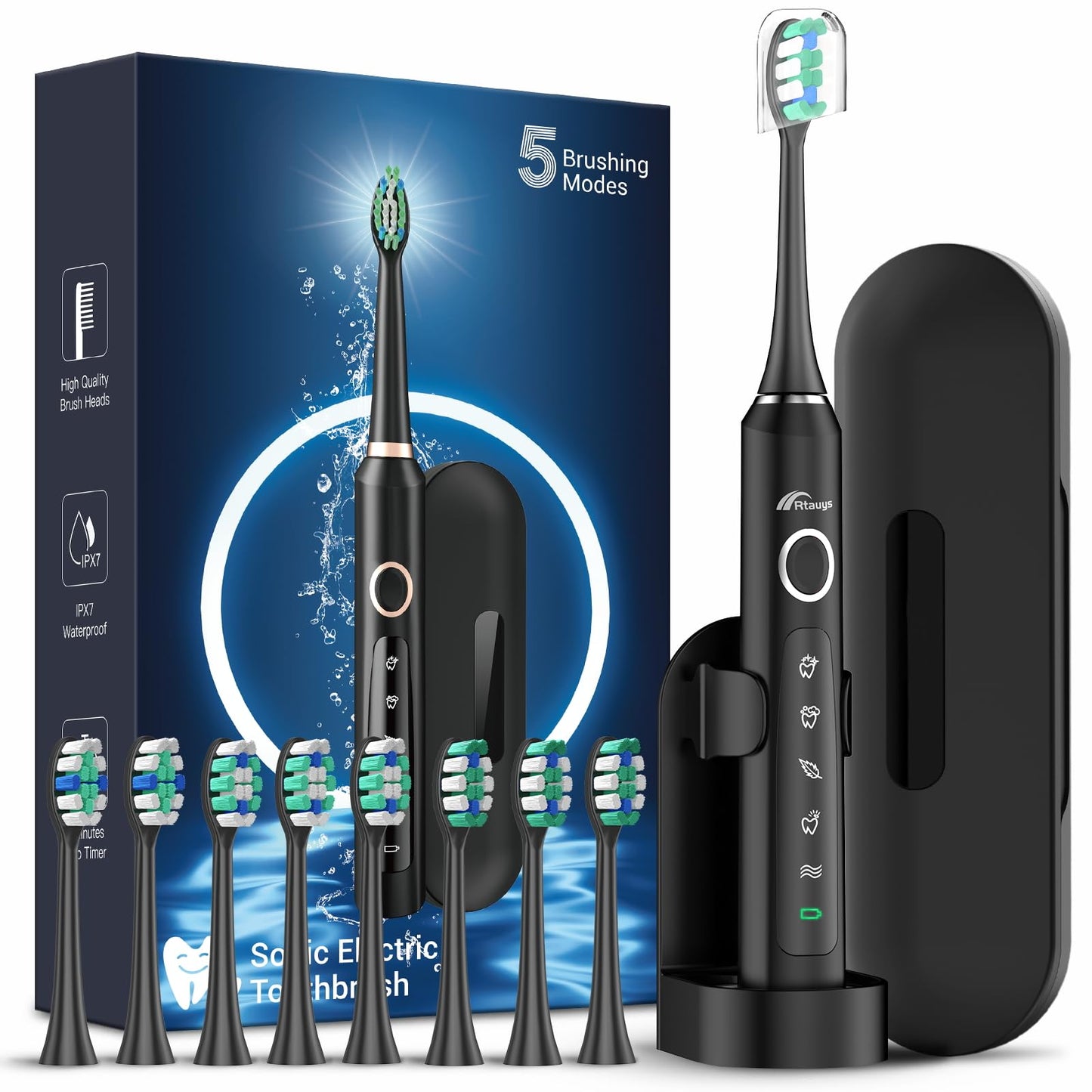 Rtauys M5 Sonic Electric Toothbrush for Adults and Kids - Rechargeable Electric Toothbrush Kids Ages 12+ and Adults with 8 Brush Heads & Travel Case, 120 Days Battery Life - Pink