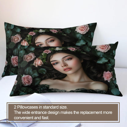 Twin Size Duvet Cover Sexy Beauty Print Duvet Cover Woman Portrait Comforter Cover Rose Bush Bedding Kids Room Bedding Decor (Reversible Printing)