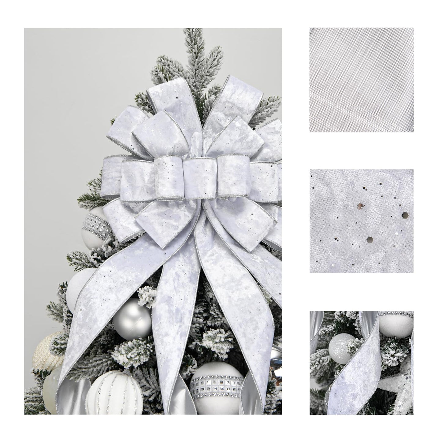 BUVANE Christmas Tree Topper,48x13 Inches Velvet Toppers Bow,Large Decorative Bows for Christmas Decoration (Silver)