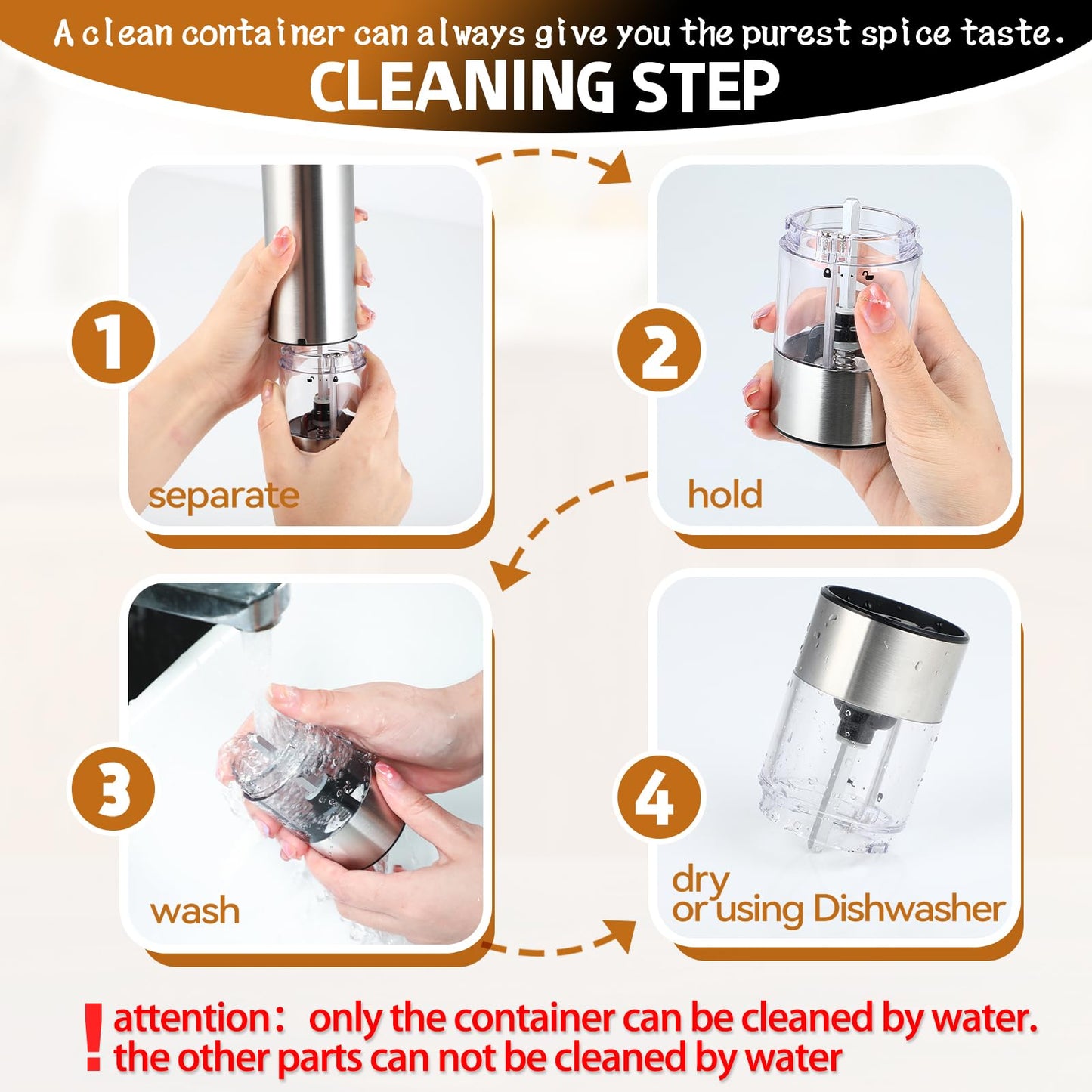 Electric Pepper Grinder & Salt Mill - Battery Operated Stainless Steel Body with Transparent Container LED Light One-Hand Operation Push-Button Switch Adjustable Coarseness Easy Refill & Clean