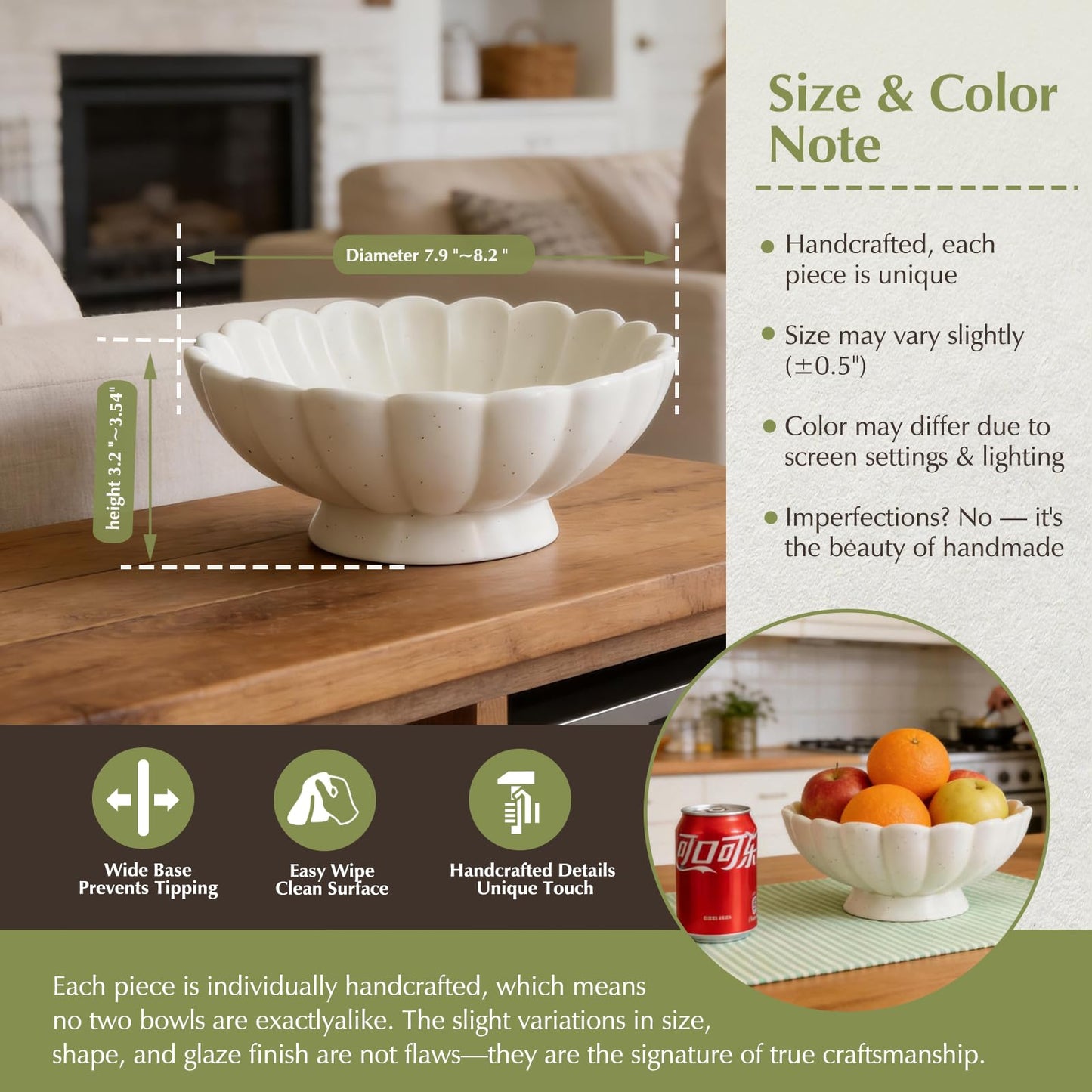 8-Inch Fluted Ceramic Decorative Bowl,Small White Fruit Bowl for Kitchen Counter,Key Bowl for Entryway Table,Handcrafted Pedestal Bowl for Coffee Table, Dining Room Centerpiece,House Warming Gift