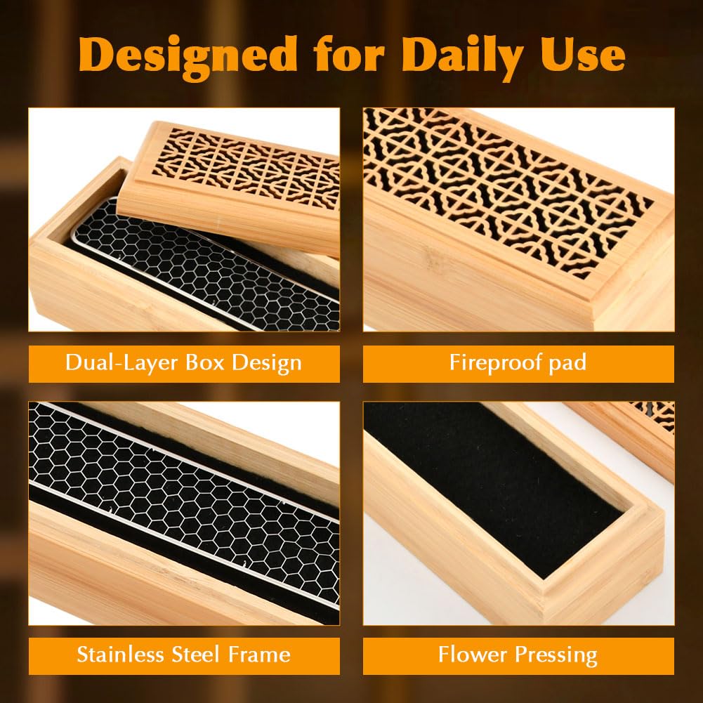 Incense Holder Burner, Coffin Double Layer Wooden Ash Catcher with Storage Drawer & Lid, Includes Zen Brush and Incense Stand for Meditation, Yoga Room, Home, Office