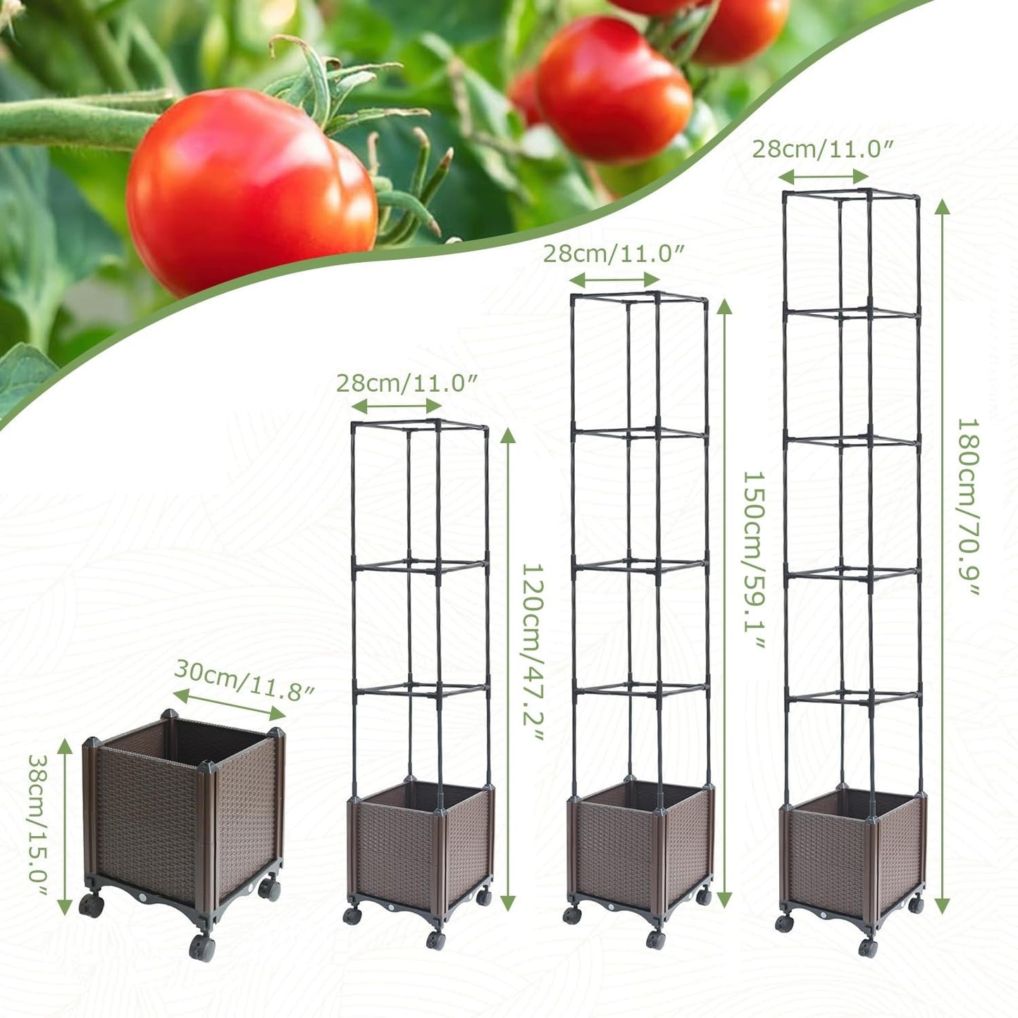 2-in-1 Raised Garden Bed Planter Box with Trellis Wheels, Tomato Cage for Indoor Outdoor Climbing Plants Vegetable Vine Flowers(180cm/70.9″)