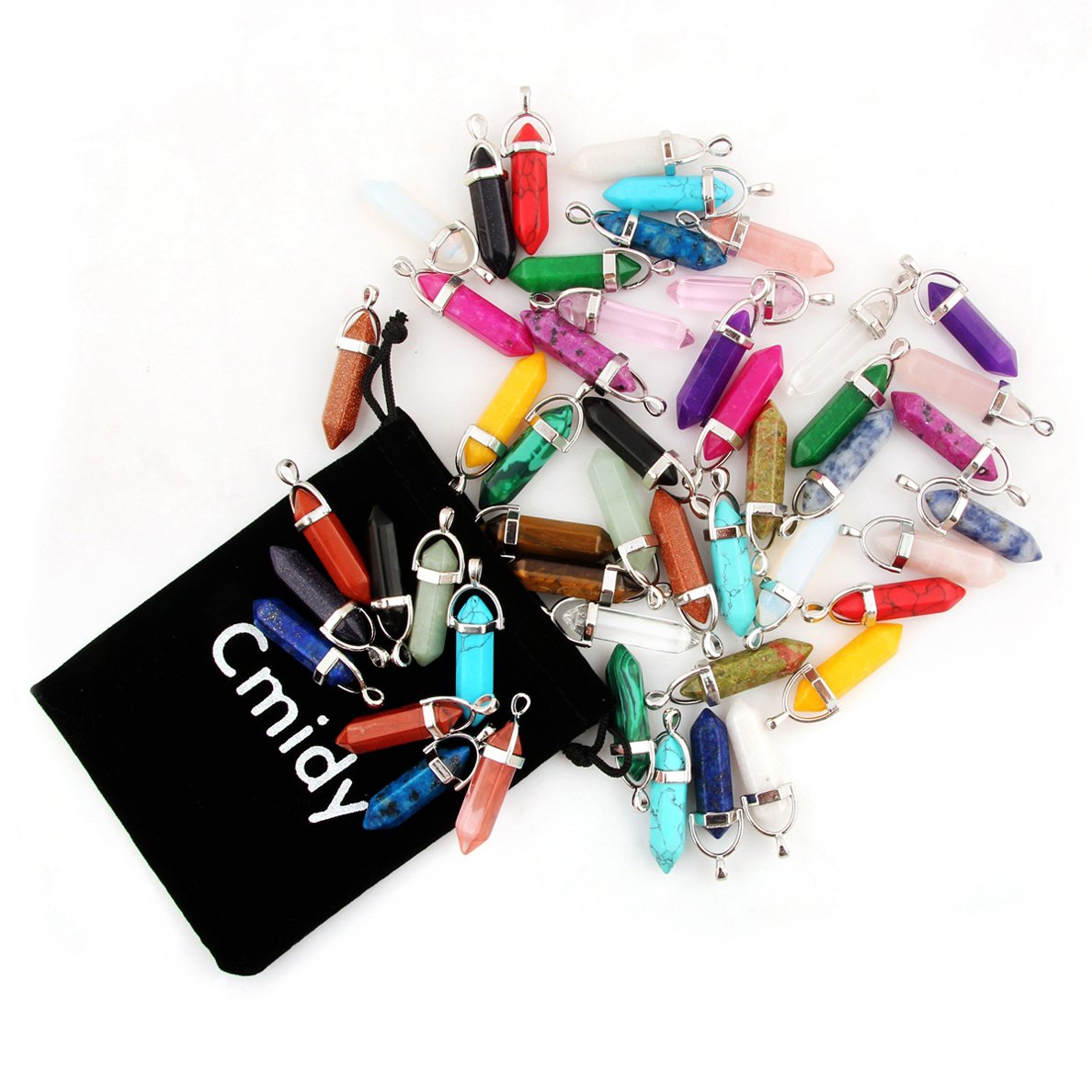 Cmidy Crystal Pendants Mutilcolor 50pcs Gemstone Bullet Meditation Healing Pointed Quartz Chakra Crystal Stone Reiki Pendants for Necklace Jewelry Making