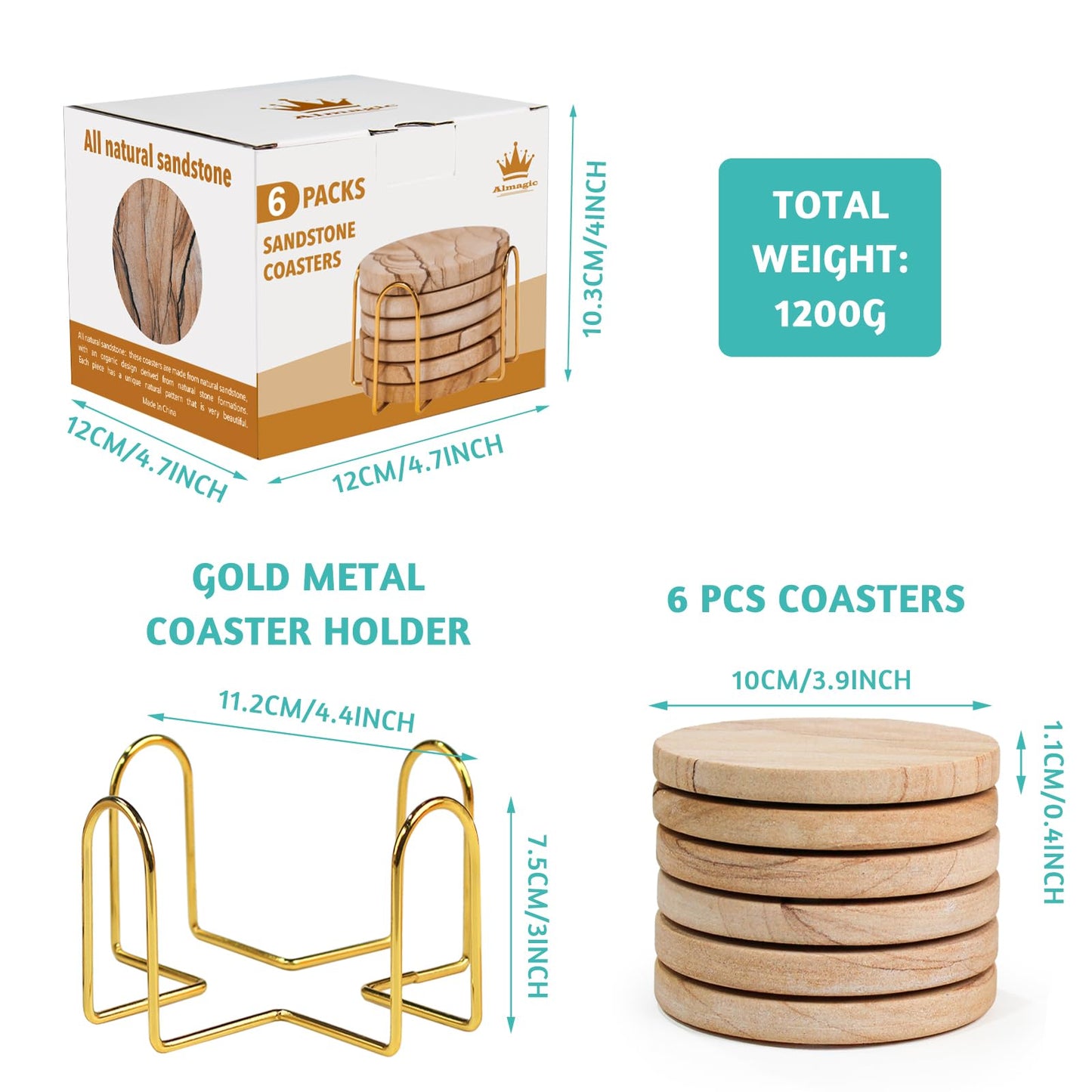 Almagic Natural Sandstone Coasters Set of 6 with Holder, 4 in Dia, Round, Heat Resistant & Absorbent, for Home & Office