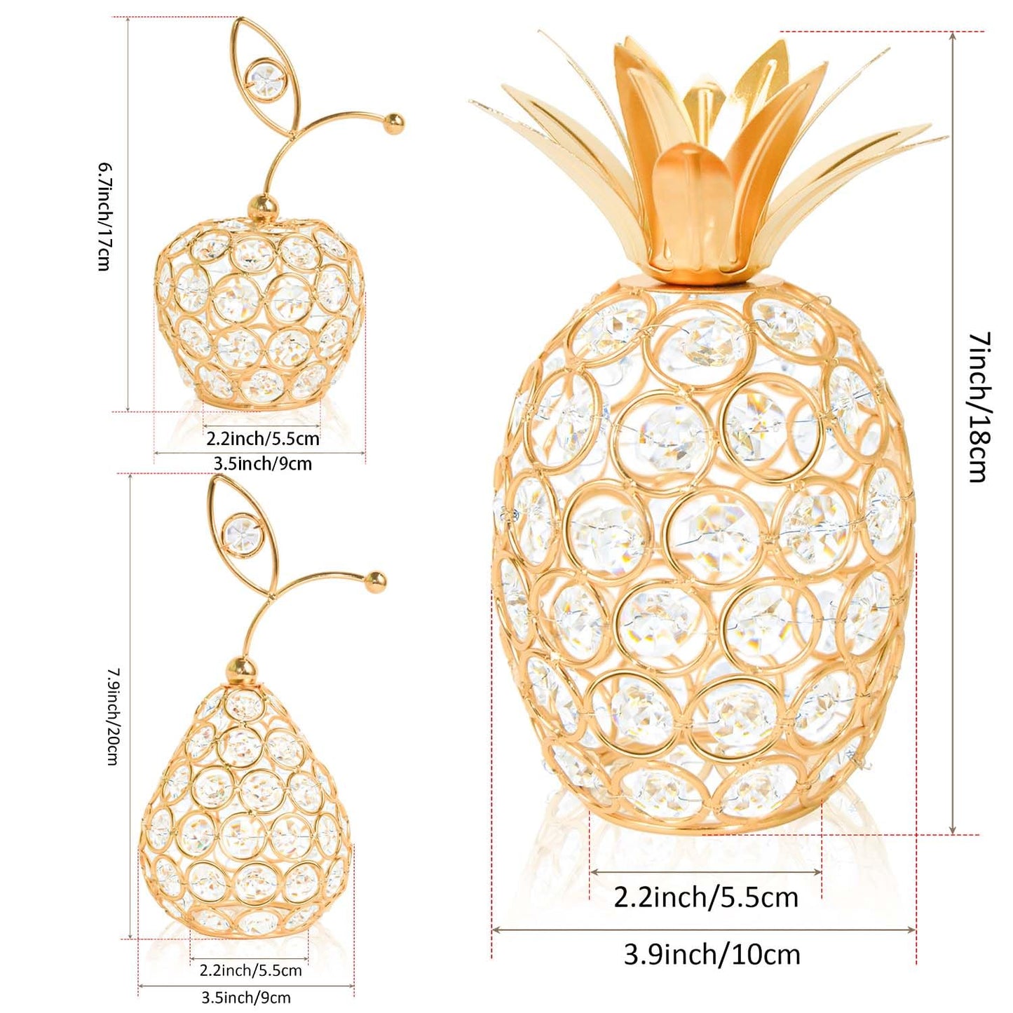 Kehail Set of 3 Elegance Crystal Metal Pineapple Pear Table Centerpiece Handmade Crystal Candlestick Hollow Fruit Ornament Home Party Wedding Holiday Decoration (Gold, Set of 3)